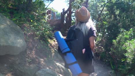 A-Woman-Hiker-Walking-On-The-Narrow-Rocky-Forest-Trail-In-Gwanaksan-Mountain,-Seoul---dolly-shot