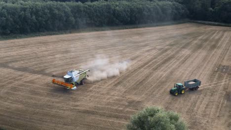 Combine-harverster-and-tractor-harvesting-wheat-in-Germany,-aerial-drone-view