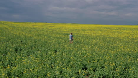 Agrónomo,-Agricultor-Inspeccionando-Visualmente-Sus-Cultivos-Cerca-De-Saskatchewan,-Canadá
