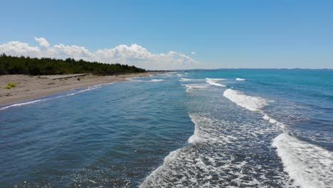 Wellen-Des-Meeres,-Die-An-Einem-Sonnigen-Sommertag-In-Albanien-Am-Sandstrand-Der-Wunderschönen-Küste-Mit-Pinien-Spritzen