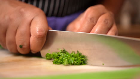 Hands-in-isolation-seen-chopping-parsley-with-a-kitchen-knife-in-slow-motion