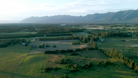 Aerial-view-over-lush-green-countryside,-Bigfork,-Montana,-USA