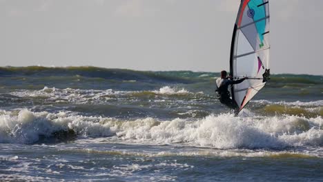 Windsurfing-on-High-Waves-of-Baltic-Sea,-Poland
