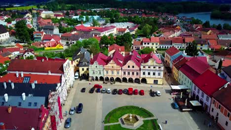 Aerial-shot-flying-over-medieval-town-Telc,-Czech-Republic