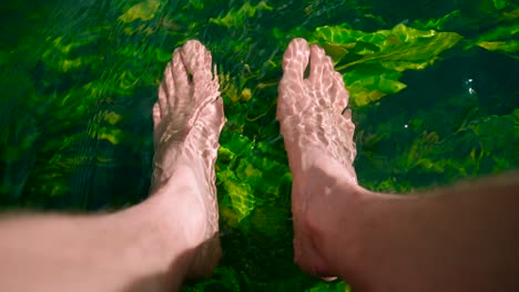 Close-up-view-barefoot-relaxing-on-freshwater-lake-river-with-plants-and-algae-reflections