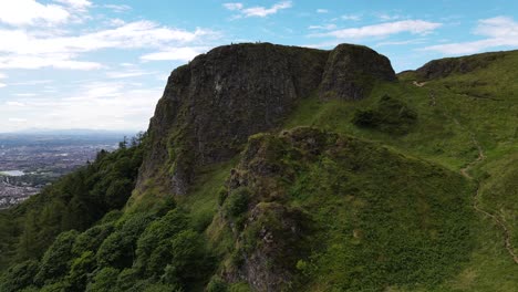 Aerial-view-of-Napoleon's-Nose-at-the-top-of-Cavehill,-Northern-Ireland