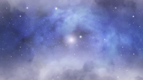 Schleifenflug-Durch-Blaue-Wolken-Im-Weltraum-Mit-Stern