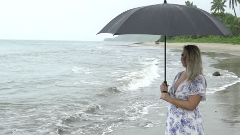 Frau-öffnet-Regenschirm-In-Zeitlupe-Bei-Regen-Am-Strand