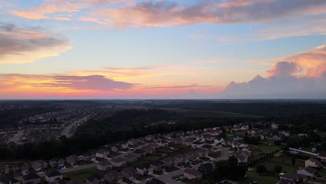 Flying-over-a-suburban-neighborhood-in-Clarksville-Tennessee-during-sunset