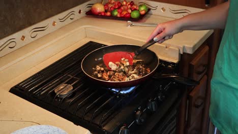 Woman-sauteing-maitake-mushrooms-in-a-skillet-in-a-tiny-home-kitchen