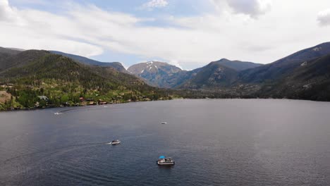 Aerial-view-of-the-Grand-Lake-of-Colorado-with-some-boats-in-the-water-on-a-sunny-summer-day
