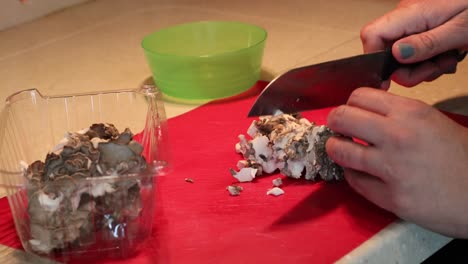 Hands-slicing-a-cluster-of-maitake-mushrooms-on-a-red-cutting-board-with-a-santoku-chef-knife-and-putting-cut-mushrooms-into-a-bowl