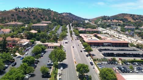 Aerial-wide-shot-over-an-upscale-shopping-center-next-to-the-highway-in-Southern-California