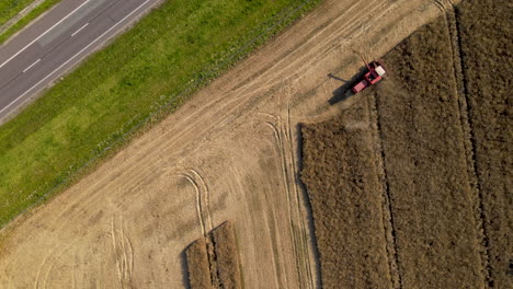 Aerial-top-down-shot-of-Combine-Harvester-Gathering-Wheat-on-field-beside-road