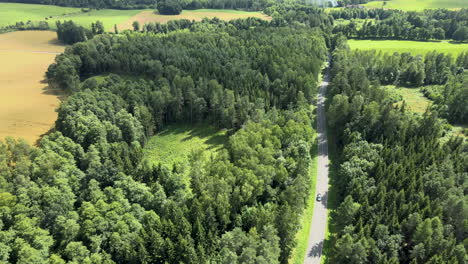 aerial-view-of-lonely-car-driving-along-the-empty-countryside-forest-road