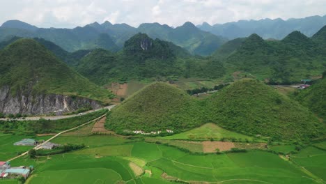 Aerial-View-of-Quan-Ba-Twin-Mountains-or-Fairy-Blossom-and-Rice-Fields,-Vietnam