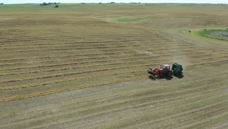 Tractor-collecting-dry-yellow-hay-with-baling-machine-on-large-farmland,-aerial
