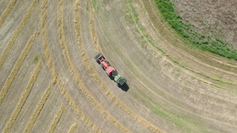 Top-down-aerial-of-red-tractor-on-farm-with-baling-machine-making-bales-of-hay