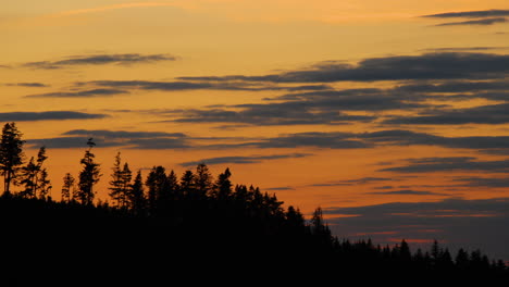 Zoomen-Sie-Auf-Die-Hügelkuppen,-Wo-Dunkle-Bäume-Im-Hintergrund-Von-Schatten-Und-Silhouetten-Von-Wolken-Verborgen-Sind,-Die-Sich-Während-Des-Sonnenuntergangs-Am-Horizont-Bewegen