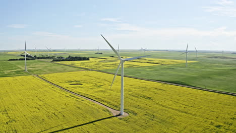 Turbinas-Eólicas-Que-Generan-Energía-Renovable-En-Las-Exuberantes-Tierras-De-Cultivo-En-Saskatchewan,-Canadá---Tiro-Elevado