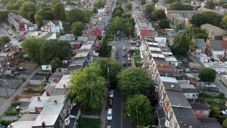 Reverse-aerial-above-inner-city-poor-community-housing-in-United-States-of-America,-Lancaster,-Pennsylvania