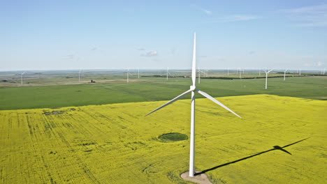Green-Meadows-And-Yellow-Rapeseeds-Fields---Wind-Turbines-Generating-Electricity-In-Saskatchewan,-Canada