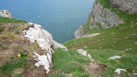 Grassy-rocky-Great-Orme-cliff-windy-edge-mountain-view-overlooking-scenic-sea-view-dolly-left