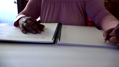 Afroamerikanerfrau,-Die-In-Ein-Notizbuch-Schreibt