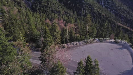 Dark-SUV-vehicle-drives-down-a-two-lane-freeway-through-a-mountainous-pine-forest
