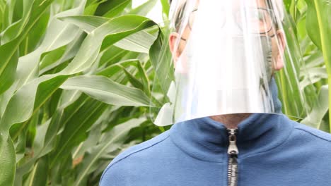 Caucasian-male-person-in-facemask-and-face-shield-appearing-from-a-cornfield-looking-around-and-into-the-camera-with-bright-light-from-above-reflecting-in-the-plastic-protective-mask