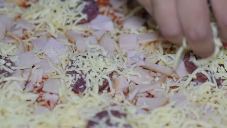 Extreme-close-up-of-sprinkling-cheese-on-a-homemade-pizza