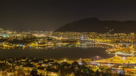 Colorful-night-view-from-Kalfaret-towards-Danmarksplass-square-and-Solheimsviken-Bay-in-Bergen,-Norway