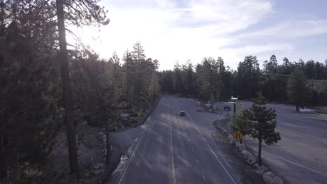 Dark-black-SUV-drives-past-an-empty-rest-stop-on-a-two-lane-highway-through-an-old-pine-forest