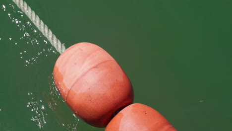 Orange-Buoys-On-A-Rope-Floating-In-The-Sea-On-A-Bright-Weather---close-up
