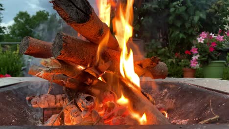 Wood-burning-in-a-fire-pit-on-a-cloudy-afternoon,-close-up