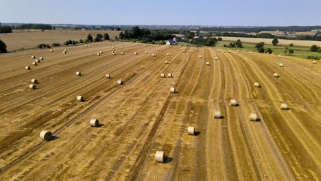 Aerial-over-the-harvested-golden-fields-with-numerous-hay-rolls-distributed-all-over-the-fields