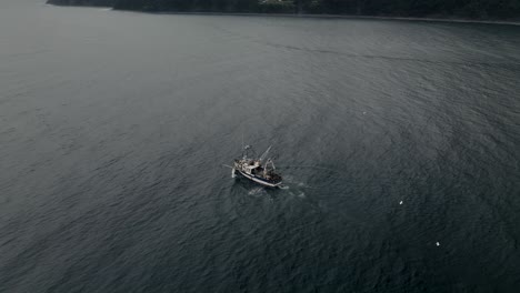Fischtrawler-Segelt-Mitten-In-Ruhiger-See-Mit-Möwen,-Die-Oben-In-Quebec,-Kanada,-Fliegen