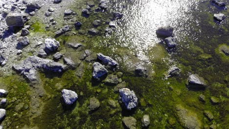 Aerial-view-over-rocks,-in-shallow-water,-on-the-coast-of-Faro-island,-sun-glittering-on-the-water-surface,-on-a-warm,-summer-day,-in-Gotland,-Sweden---low,-overhead,-drone-shot