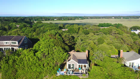 Cape-Cod-Aerial-Drone-Footage-of-Marsh-and-Houses-in-Forest-Surrounded-by-Trees,-Lowering-Motion