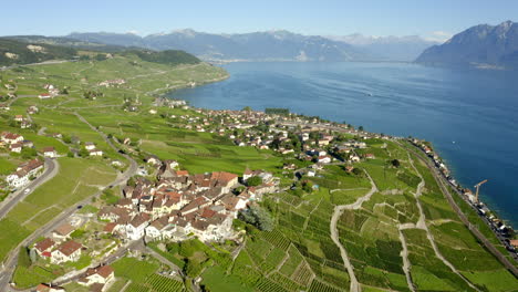 Overflying-The-Lavaux-Vineyard-Terraces-Near-Grandvaux-And-Cully-Villages,-With-A-View-Of-Lake-Geneva-On-A-Sunny-Day-In-Vaud,-Switzerland---aerial-drone