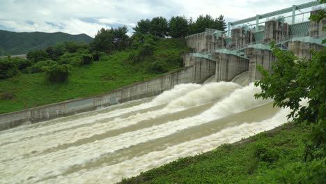 Spillway-of-dam-in-South-Korea-releasing-water-overflow-from-reservoir,-static