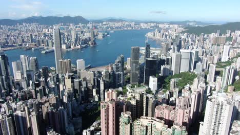 Aerial-view-of-Hong-Kong-skyline-and-bay-on-a-clear-day
