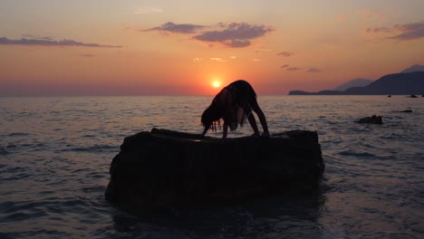 Yoga-poses-performed-by-young-woman-on-cliffs-of-seashore-at-beautiful-sunset
