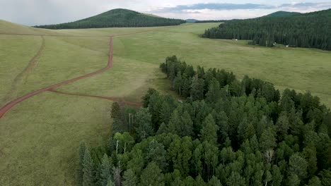 Aerial:-hillside-forest-camping-site-in-remote-wilderness,-panoramic-arc-shot