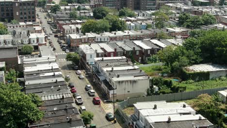 Aerial-of-Kensington-neighborhood-in-Philadelphia-known-for-illegal-drug,-narcotic-use,-poverty-and-crime-ridden-community