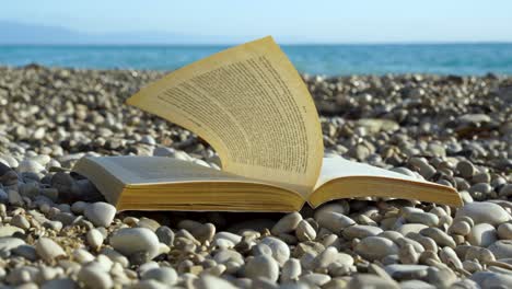 Book-sheet-waved-by-light-breeze-on-beach-with-blue-sea-background-on-summer-vacations