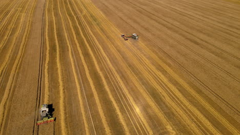 4k-Luftbild-Von-Landwirtschaftlichen-Maschinen,-Die-Im-Sommer-Auf-Trockenen,-Staubigen-Weizenfeldern-Arbeiten