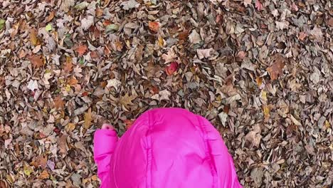 TOP-DOWN-view-of-Little-girl-in-pink-hooded-jacket-running-over-a-carpet-of-fallen-leaves-SLOW-MOTION