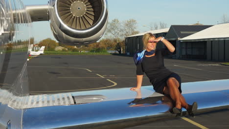 SLOMO:-A-playful-flight-attendant-sits-on-the-wing-of-an-aircraft