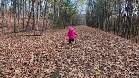 Little-girl-in-pink-hooded-jacket-runs-towards-and-past-camera-along-a-leaf-covered-path-in-the-forest-SLOW-MOTION